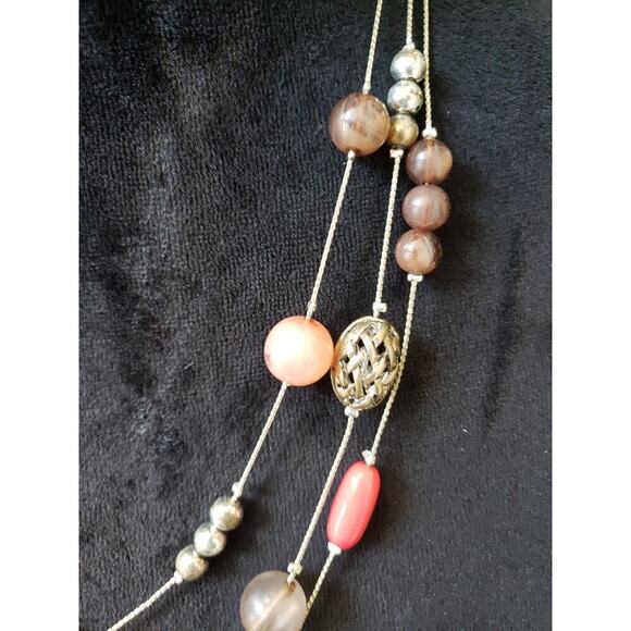 Women Layered Bead Necklace Rose Quartz Coral Stone Silver Tone Chain Clasp - Picture 6 of 6